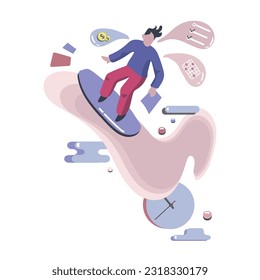 Cartoon faceless guy surfing among tasks and goals. Work activity and efficiency, performance expectation 2d vector graphic. Flat style illustration on white background