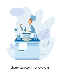 Cartoon Faceless Man Chef in Uniform, Hat and Apron Showing Cooking Master Class Illustration. Vector Cook Standing over Plants Foliage and Giving Culinary Advices. Soup in Flat Pot Boiling on Stove