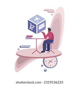 Caricatura de un hombre sin rostro sentado frente a sus tareas, listas y correos. Horas extra de trabajo y programación inteligente. Gráfica vectorial 2d de color. Ilustración de estilo plano