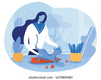 Cartoon Faceless Woman Character Playing Spending Time with Cat on Table at Home. Adorable Female Pet Owner Stroking Fluffy Kitten Fur. Take Care of Domestic Animals. Vector Flat Illustration