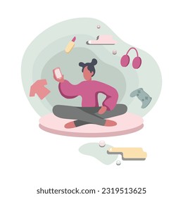 Cartoon faceless woman does shopping online from home. People making purchases over internet. Choosing goods online. Digital environment. Electronic commerce. Vector