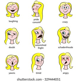 Cartoon faces blond girls with different emotions as happiness, joyful, comics, surprise, angry, yawns,crazy, sad and fun.