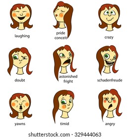 Cartoon faces brunette girls with different emotions as happiness, joyful, comics, surprise, angry, yawns,crazy, sad and fun.