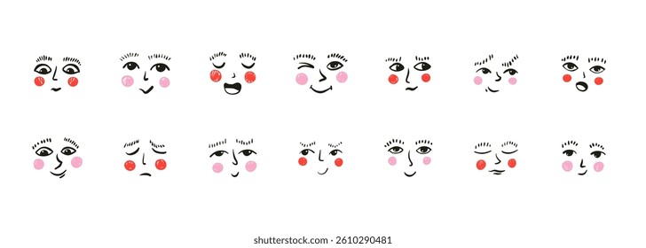 Cartoon faces. Сute characters face expressions retro style, expressive eyes and mouth. Vector comic emotions set, funny doodle avatars.