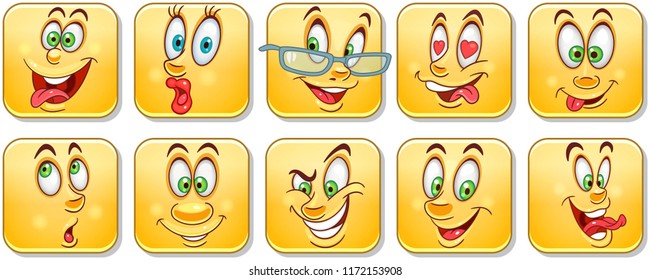 Cartoon faces collection. Emoticons. Emoji. Design characters for kids coloring book, colouring pages, t-shirt print, icon, logo, label, patch, sticker.