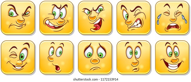 Cartoon faces collection. Emoticons. Emoji. Design characters for kids coloring book, colouring pages, t-shirt print, icon, logo, label, patch, sticker.