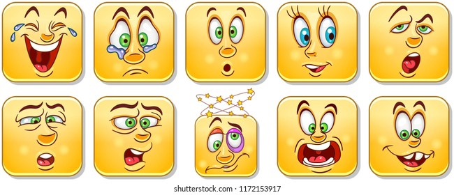 Cartoon faces collection. Emoticons. Emoji. Design characters for kids coloring book, colouring pages, t-shirt print, icon, logo, label, patch, sticker.