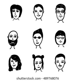  Cartoon faces crowd doodle hand-drawn. Boys and girls. 