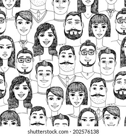 Cartoon faces crowd doodle seamless pattern