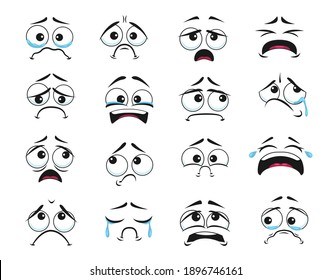 Cartoon faces with crying and weeping expression isolated vector icons, negative emoji scared, sad and upset . Facial feelings with tears and wet eyes, yelling and suffering, sadness emoticons set