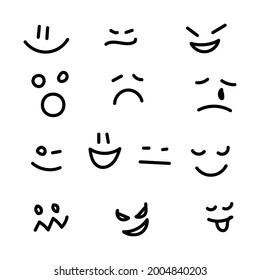 Cartoon faces. Cute cartoon emoticon with different emotions. Expressive eyes and mouth, smiling, crying and surprised character face expressions. Vector illustration icons set