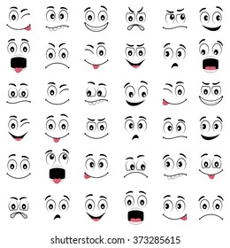 Cartoon Faces With Different Expressions, Featuring The Eyes And Mouth, Design Elements On White Background