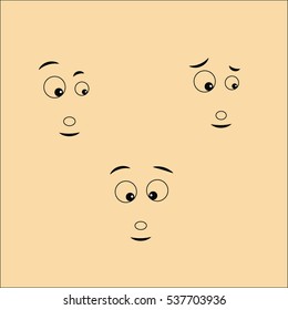 Cartoon faces with different expressions, featuring the eyes and mouth, design elements on white background