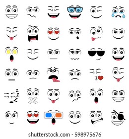 Cartoon Faces With Different Expressions, Featuring The Eyes And Mouth, Design Elements On White Background