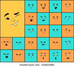 Cartoon faces with different expressions, featuring the eyes and mouth, design elements on colored background