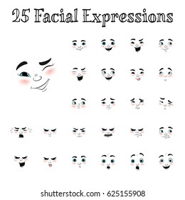 Cartoon faces with different expressions, featuring the eyes and mouth, design elements on white background