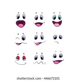 Cartoon faces with different expressions, mostly happy and smiling, featuring the eyes and mouth, design elements on white