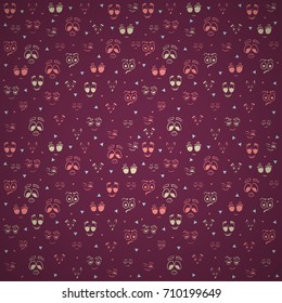 Cartoon faces with different expressions pattern over purple background. Vector illustration