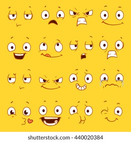 Cartoon faces with different expressions vector set. Sad and happy emotions faces, angry and funny smile emotion illustration