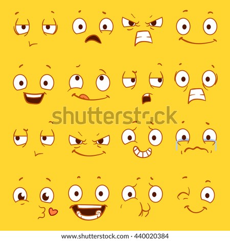 Cartoon faces with different expressions vector set. Sad and happy emotions faces, angry and funny smile emotion illustration