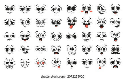 Cartoon faces. With different facial expressions, happy and smiling, with eyes and mouth. Set of comic character emotions, on a white background