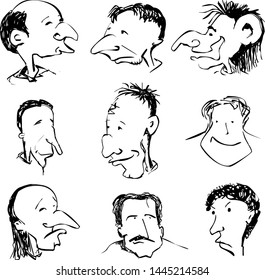 Cartoon faces doodles. The characters drawn by my hand on graphic tablet.
