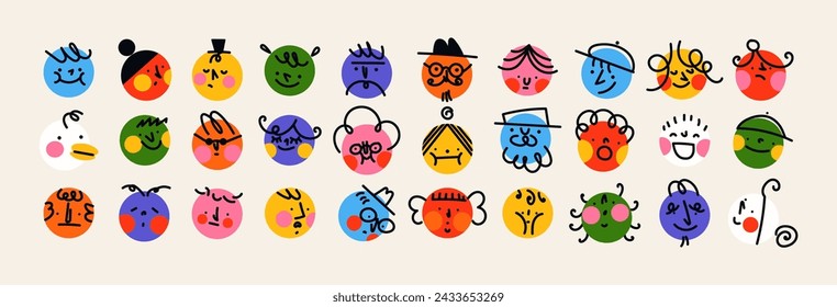 Cartoon faces with emotions, doodle characters in retro groovy funky style. Stickers set of hand drawn round vector faces