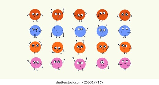 Cartoon faces with emotions, doodle characters in retro groovy funky style. Stickers set of hand drawn round vector faces