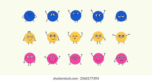 Cartoon faces with emotions, doodle characters in retro groovy funky style. Stickers set of hand drawn round vector faces