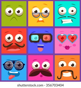 Cartoon faces with emotions and mustache. Vector collection