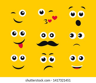 Cartoon faces with emotions on yellow background. Set of nine different emoticons. Vector illustration
