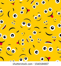 Cartoon faces with emotions. Seamless pattern with different emoticons on yellow background. Vector illustration