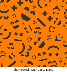 Cartoon faces with emotions. Seamless pattern with different emoticons on orange background. Vector illustration