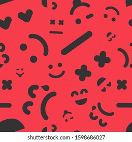 Cartoon faces with emotions. Seamless pattern with different emoticons on red background. Vector illustration