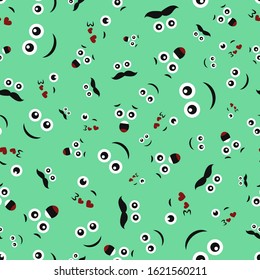 Cartoon faces with emotions. Seamless pattern with different emoticons on green background. Vector illustration