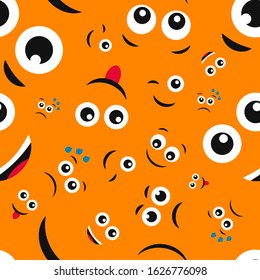 Cartoon faces with emotions. Seamless pattern with different emoticons on orange background. Vector illustration