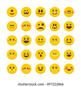 Cartoon faces with emotions. Set of cute monsters. Different Halloween characters. Emoticon emoji icons. Vector illustration