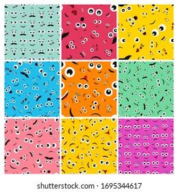 Cartoon faces with emotions. Set of nine seamless patterns with different emoticons. Vector illustration