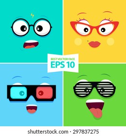  Cartoon faces with emotions - Woman glasses, 3d glasses, Geek glasses, Club glasses