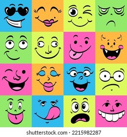Cartoon Gesichter. Illustration lustiger Gesichter im Comic-Stil. gezeichnete Gesichter mit unterschiedlichen Emotionen