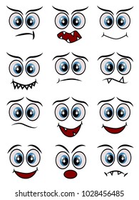 Cartoon faces expression line icons set. Set of emoticons or emoji illustration line icons. Smile icons line art isolated vector illustration on white background