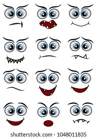 Cartoon faces expression line icons set. Set of emoticons or emoji illustration line icons. Smile icons line art isolated vector illustration on white background