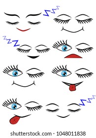Cartoon faces expression line icons set. Set of emoticons or emoji illustration line icons. Smile icons line art isolated vector illustration on white background