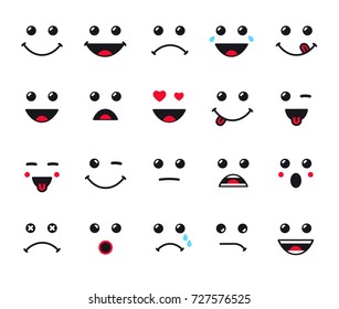 Cartoon faces expression line icons set. Set of emoticons or emoji illustration line icons. Smile icons line art isolated vector illustration on white background svg