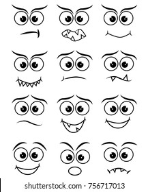 Cartoon faces expression line icons set. Set of emoticons or emoji illustration line icons. Smile icons line art isolated vector illustration on white background