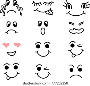 Cartoon faces expression line icons set. Set of emoticons or emoji illustration line icons. Smile icons line art isolated vector illustration on white background