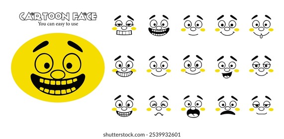 Cartoon faces expressions. Caricature comic emotions or emoticon doodle. Cartoon face expressions vector illustration icons set.