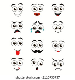 Cartoon faces expressions, funny cartoon various face emoticons. Vector set