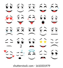 Cartoon faces. Expressive eyes and mouth, smiling, crying and surprised character face expressions. Caricature comic emotions or emoticon doodle. Vector illustration 