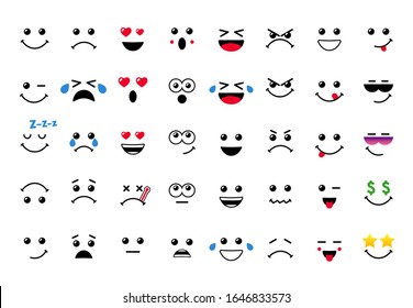 Cartoon faces with expressive eyes and mouth, smiling, crying and surprised character expressions. Caricature comic emotions or emoticon doodle. Vector smile illustration icons set